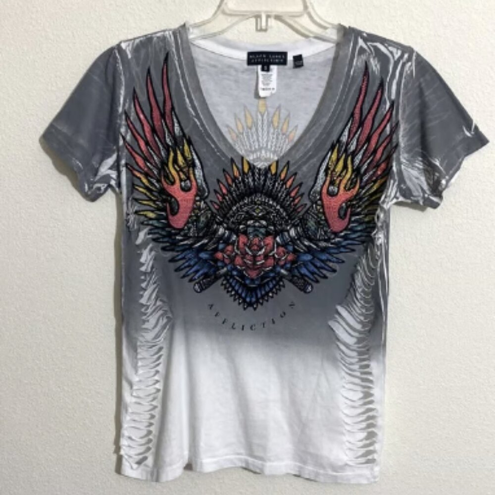 NWOT AFFLICTION Women’s Distressed Tribal Flame Graphic T-shirt w Rhinestones